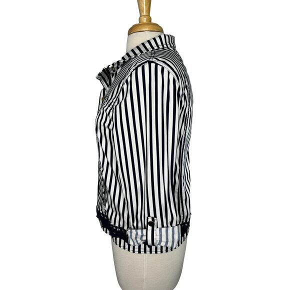 CHICOS Blue White Stripe Sateen Cotton Crochet Jacket Size Small (0) Gold Button - Picture 2 of 11